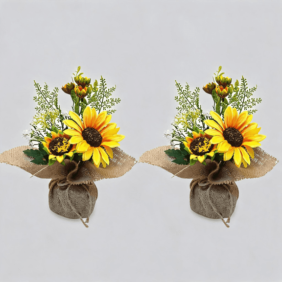 Generic 2 Pcs Sunflower Decor Table Centerpieces, Fake Sunflowers in Burlap Bag Vase for Kitchen Home Decorations