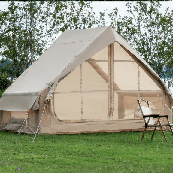 Large Inflatable Tent with Built-in Air Pump, 4 Seasons Waterproof Big Tent with Ventilation Mesh Window, for Camping, Hiking, Khaki