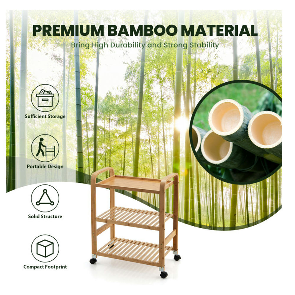 Finihen Rolling Cart, Kitchen Island Cart, Multifunctional Bamboo Kitchen Rolling Cart with Locking Casters and Sided Handles-3-Tier, for Kitchen, Dining Room, Natural Finihen Rolling Cart, Kitchen Island Cart, Multifunctional Bamboo Kitchen Rolling Cart with Locking Casters and Sided Handles-3-Tier, for Kitchen, Dining Room, Natural