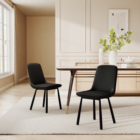 Mid Century Modern Dining Chairs Set of 2, PU Leather Upholstered Kitchen & Dining Room Chairs with Iron Legs and Padded Backrest, Black Chairs