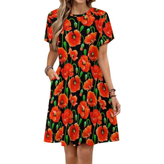 Red Poppies on Black Short Sleeve Dress Women Summer Evening Dresses Ladies Sundress