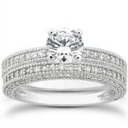Pompeii 7/8ct Heirloom Milgrained Diamond Engagement Wedding Ring Set 14K White Gold