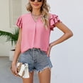 thumbnail image 2 of Women Layered Ruffle Sleeve Top Casual V Neck Plain Color Dressy Summer Pullover Blouse Pink L, 2 of 6