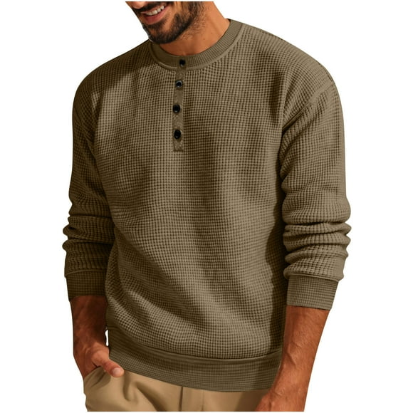 Penkiiy Men's Solid Color 3-Button Round Neck Waffle Long Sleeved Shirt Brown
