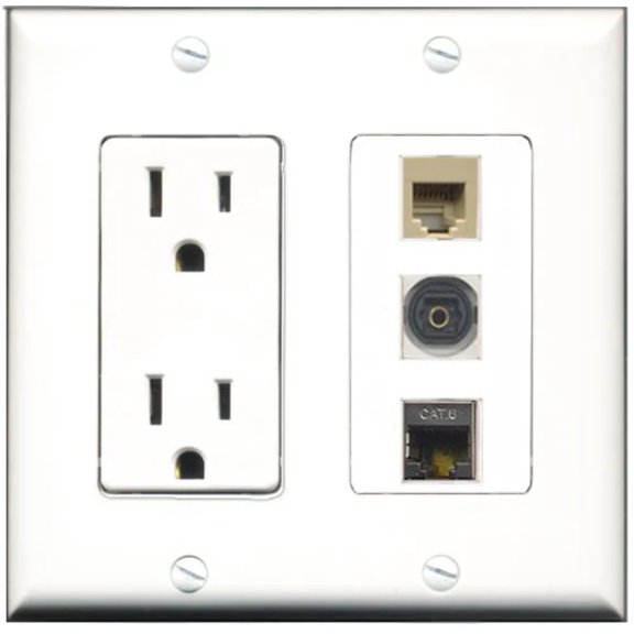 RiteAV - 15 Amp Power Outlet 1 Port Phone Beige 1 Port Shielded Cat6 Ethernet Ethernet 1 Port Toslink Decorative Wall Plate