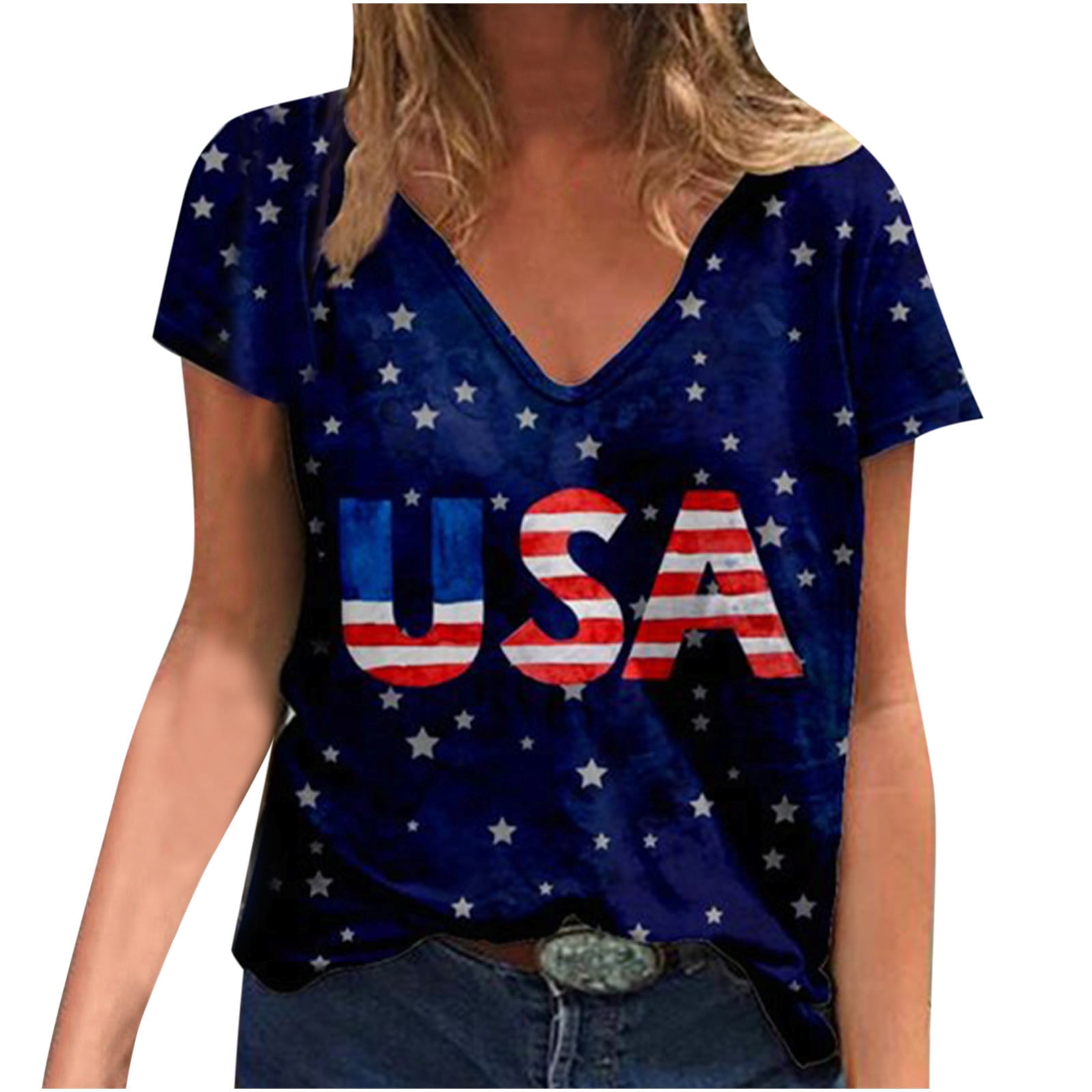 Womens American Flag Plus Size T Shirt Casual Comfy Short