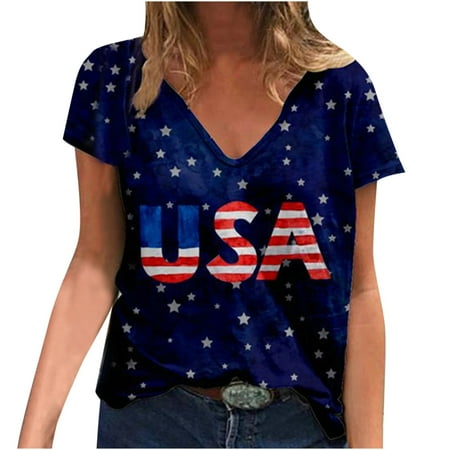 

American US Flag T-Shirt Tops for Women Star Printed V-Neck Short Sleeve Pullover Tops Blouse Black