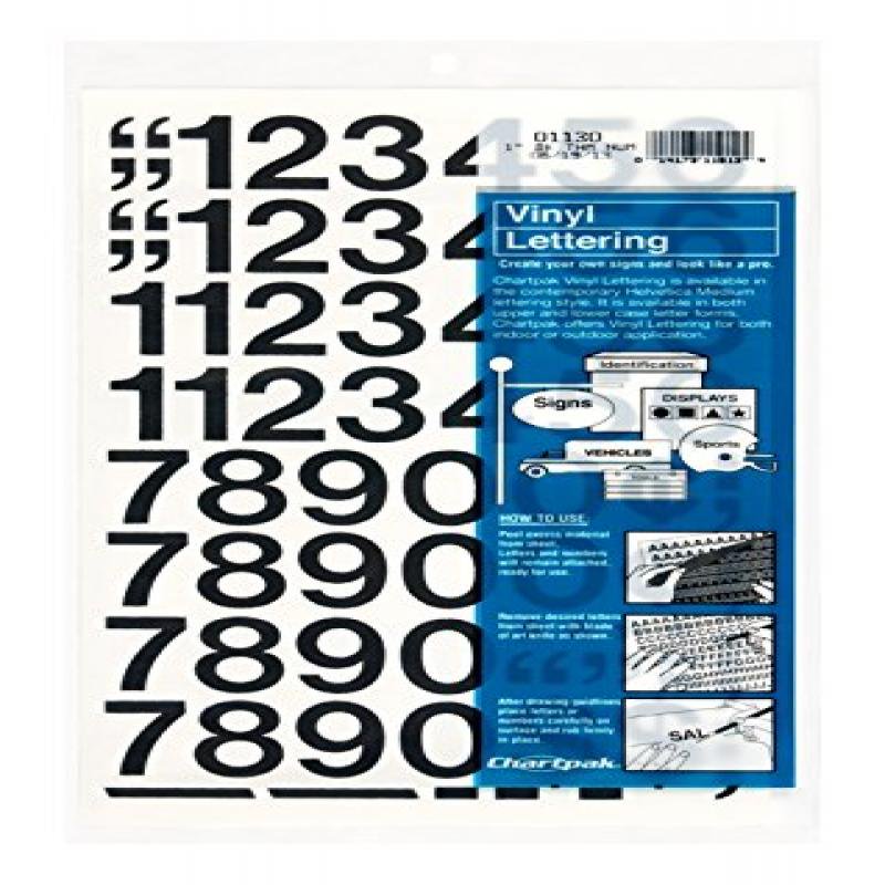 Chartpak SelfAdhesive Vinyl Numbers, 1 Inches High, Black, 44 per Pack (01130)