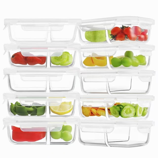 Recipientes de vidrio para preparación de comidas HOMBERKING 630 ml, 2 compartimentos x10