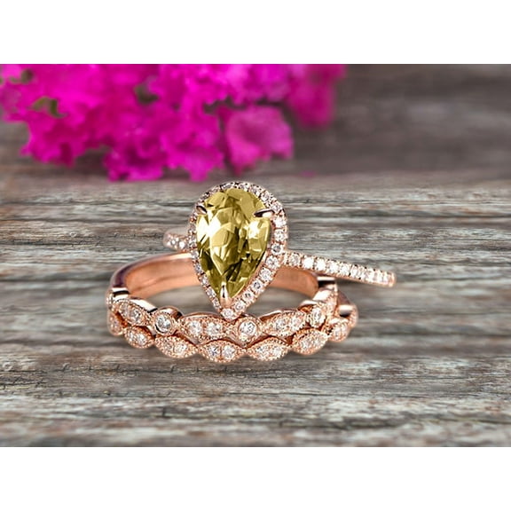 Milgrain Art Deco 8x5mm Pear Shape Champagne Diamond Moissanite Engagement Ring Set 2.75 Carat Weight Trio Set Stacking Matching Wedding Band Solid 10k Rose Gold Anniversary Ring