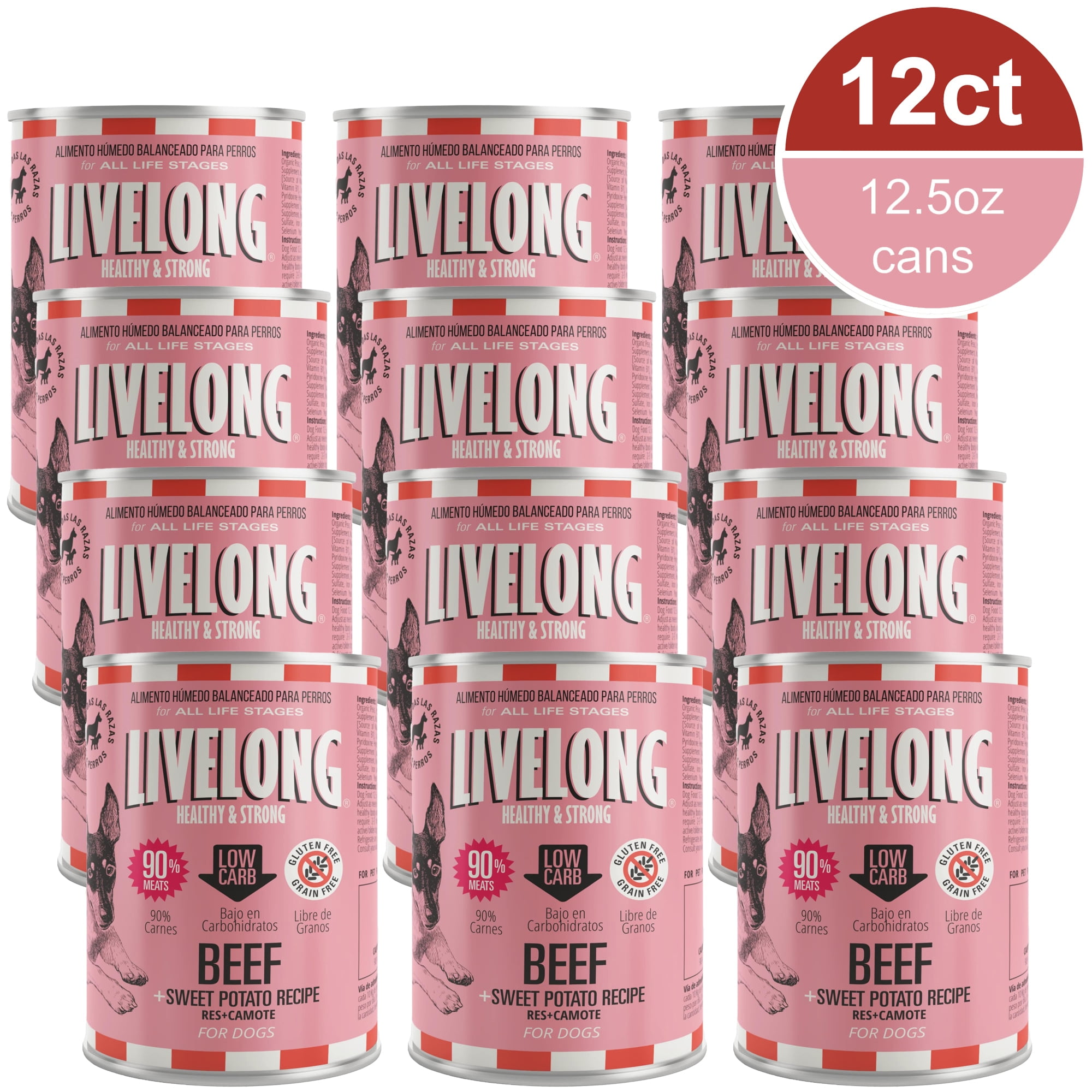 Livelong Healthy & Strong: 12 Pack: Beef & Sweet Potato Recipe - 12.5oz Cans, Wet Dog Food, High Protein, All Natural, No Preservatives,