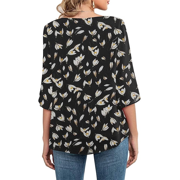 Qarigey Camisa de mujer Estampado de media manga Top Camisa de mujer Estampado de medio cuello Blusa informal Prendas para la parte del cuerpo flor blanca negra L Qarigey AP003117-38