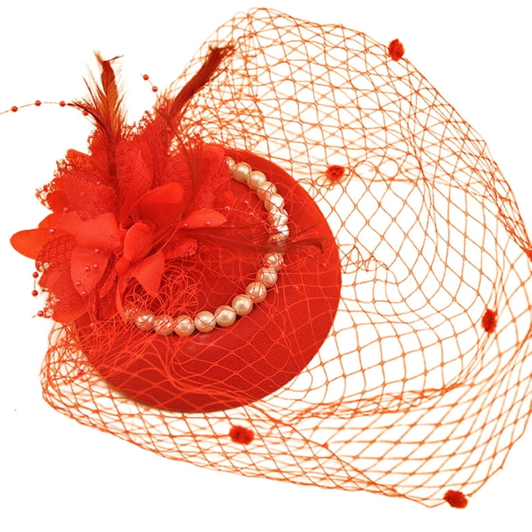 rygai Women Felt Hat Solid Color Fishnet Fine Workmanship Veil Faux Pearl  Hair Decoration Perspective Bridal Wedding Lady Banquet Beret Hair