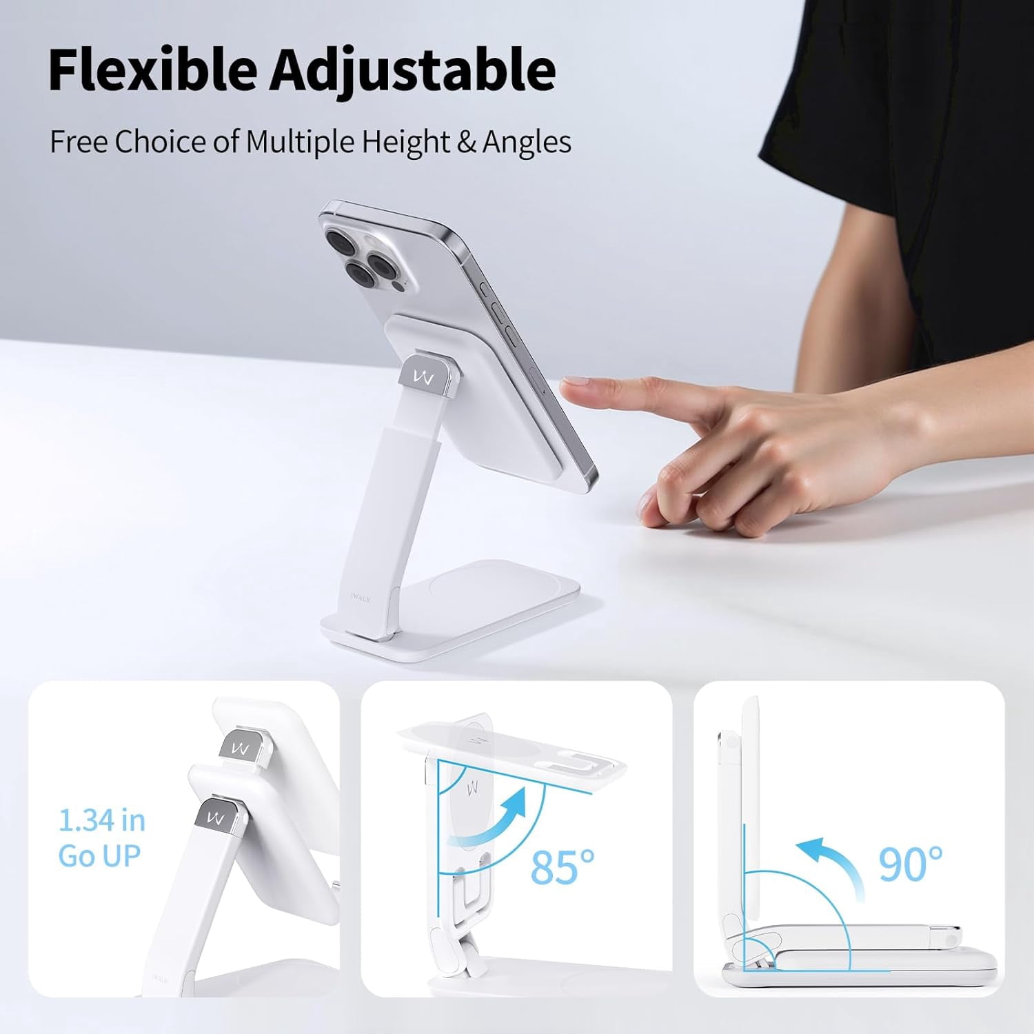 Magnetic Cell Phone Stand for Desk, Angle and Height Adjustable Mobile Phone Holder, Foldable Magnet Stand for iPhone 17 16 15 14 13 12 Pro Max and iPad, Cell Phone Holder for Samsung, White