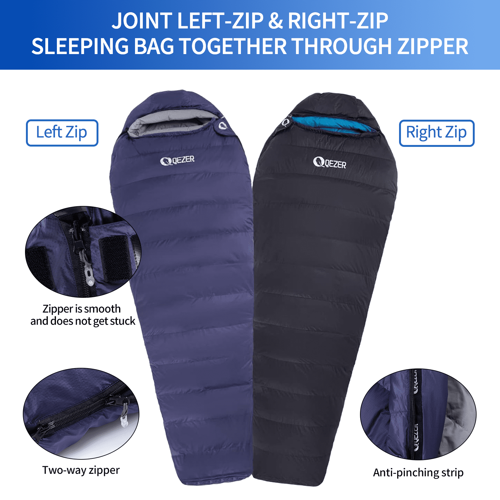 QEZER 4 Season Mummy Down Sleeping Bag Ultralight Warm for Camping, Hiking, Trekking