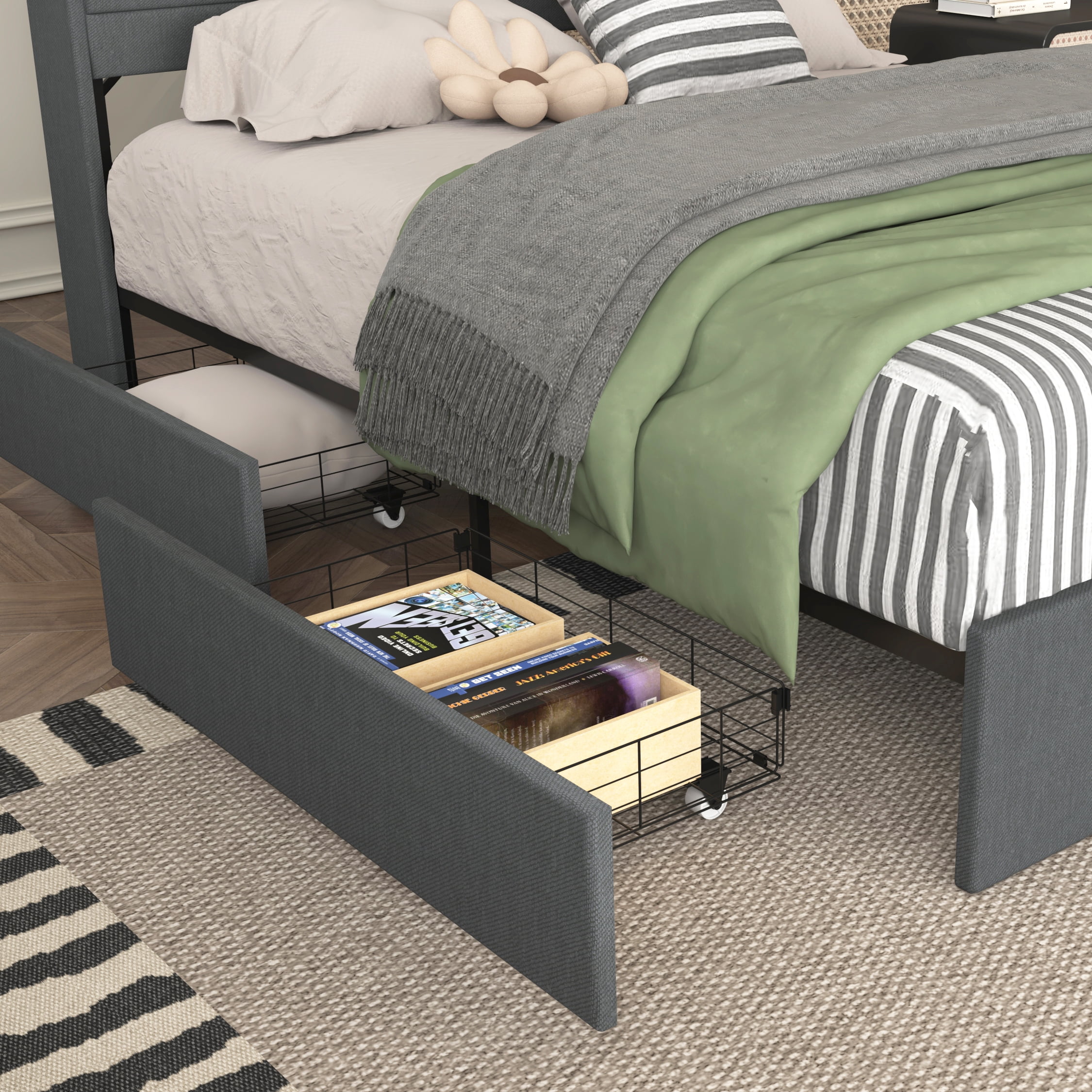 Miniyam Queen Size Bed with LED Headboard, Storage Drawers, USB Charging Ports for Adults