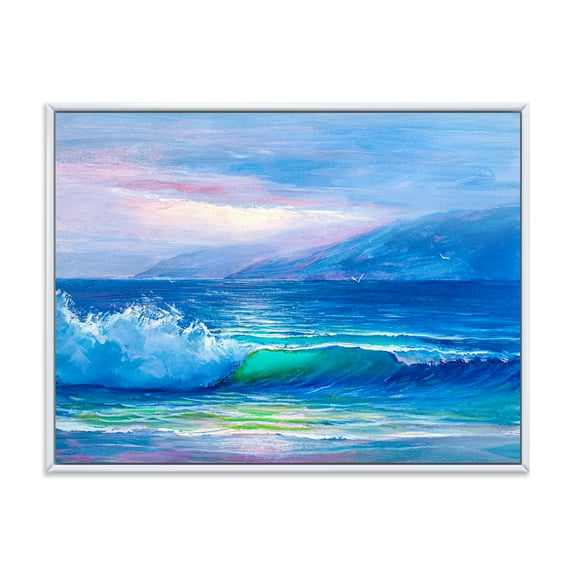 Designart 'Blue Waves Breaking At The Beach Landscape II' Nautical & Coastal Framed Canvas Wall Art Print