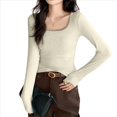 thumbnail image 3 of Camisetas de Larga para Mujer, Blusas de Cuello Cuadrado, Blusas Básicas de Punto Acanalado, Conjuntos de Otoño, Ropa de Moda Albaricoque XL, 3 of 7