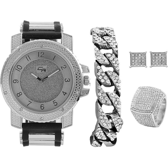 Bling-ed Out It's Lit! Hip Hop Watch & Jewelry Set w/Cuban Chain Bracelet, Kite Bling Earrings & Ring - GJM13, GJM 13, Silver, Ring Size-10