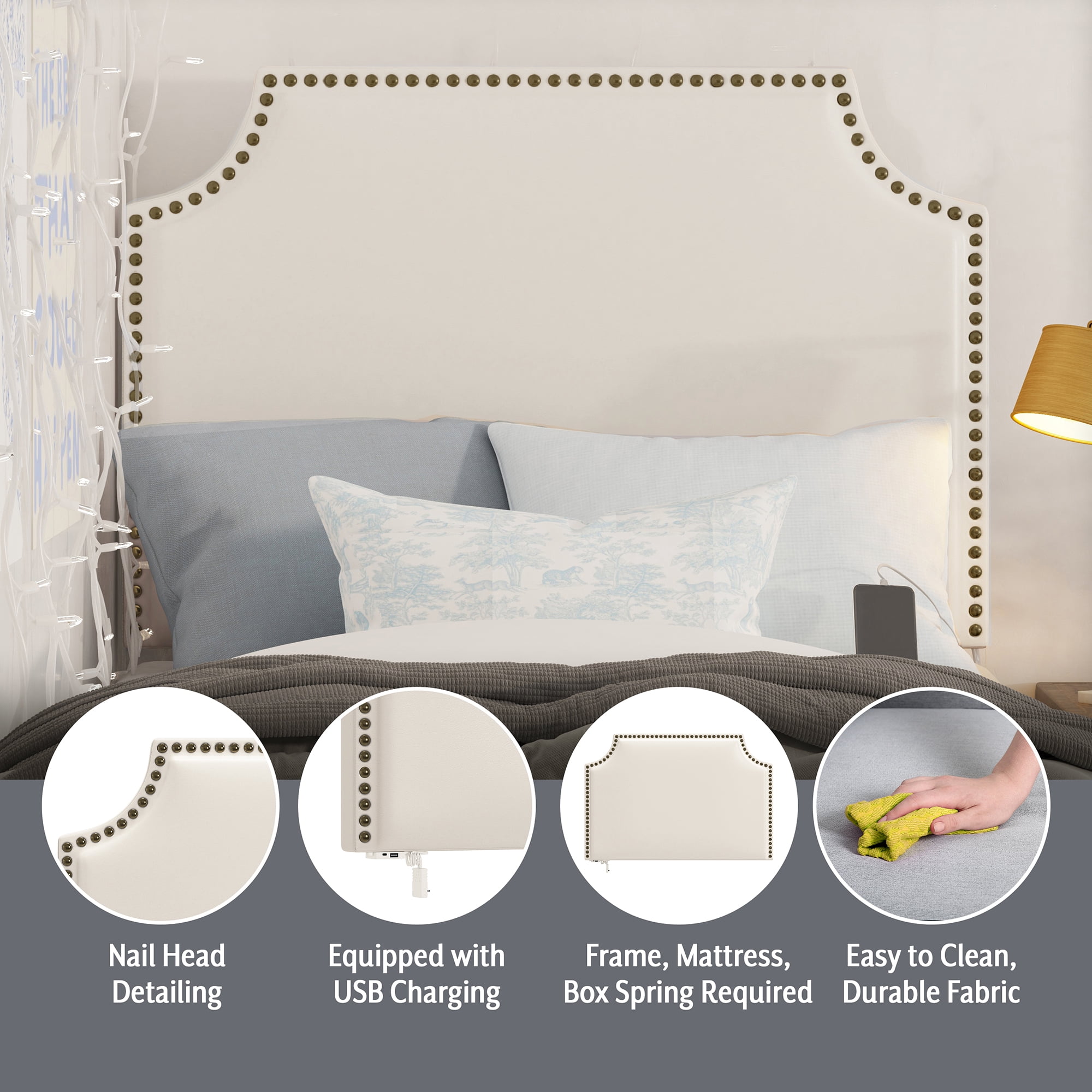 HH2 Home Hanging Twin Headboard with Nailhead and USB Charging, White Faux Leather