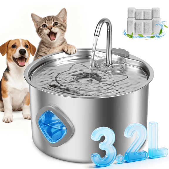 NIGHTEEN 3.2L Cat Water Fountain Stainless Steel, Automatic Pet Water Dispenser for Cats Dogs with Replacement Filters