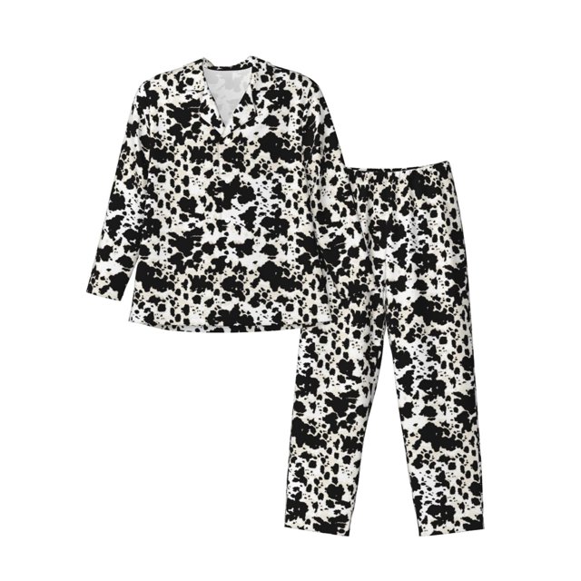 Fotbe Cow Skin 1 Pijama de Hombre con Estampado de Manga Larga, Conjunto de 2 Piezas, Ropa de Dormir Suave y Cómoda con Bolsillos-XX-Large