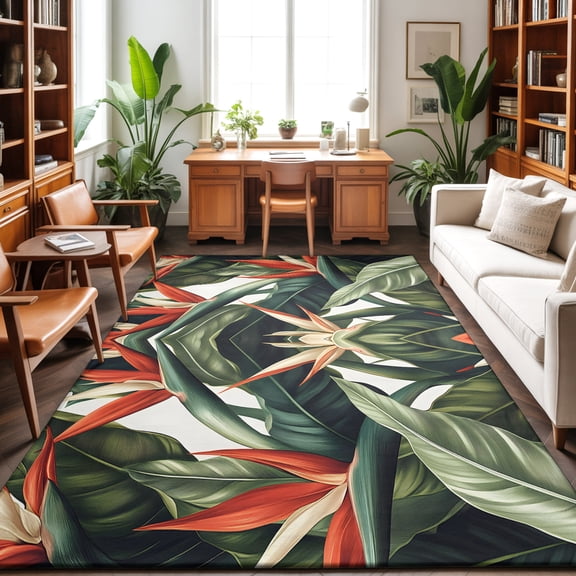 Area Rugs 4'x6'. Tropical Leaves Floral Carpet Runner Indoor Outdoor Rugs Home Decor Aesthetic, Summer Botanical Flowers Plants Non Slip Mats Washable Accent Rug for Living Room Bedroom