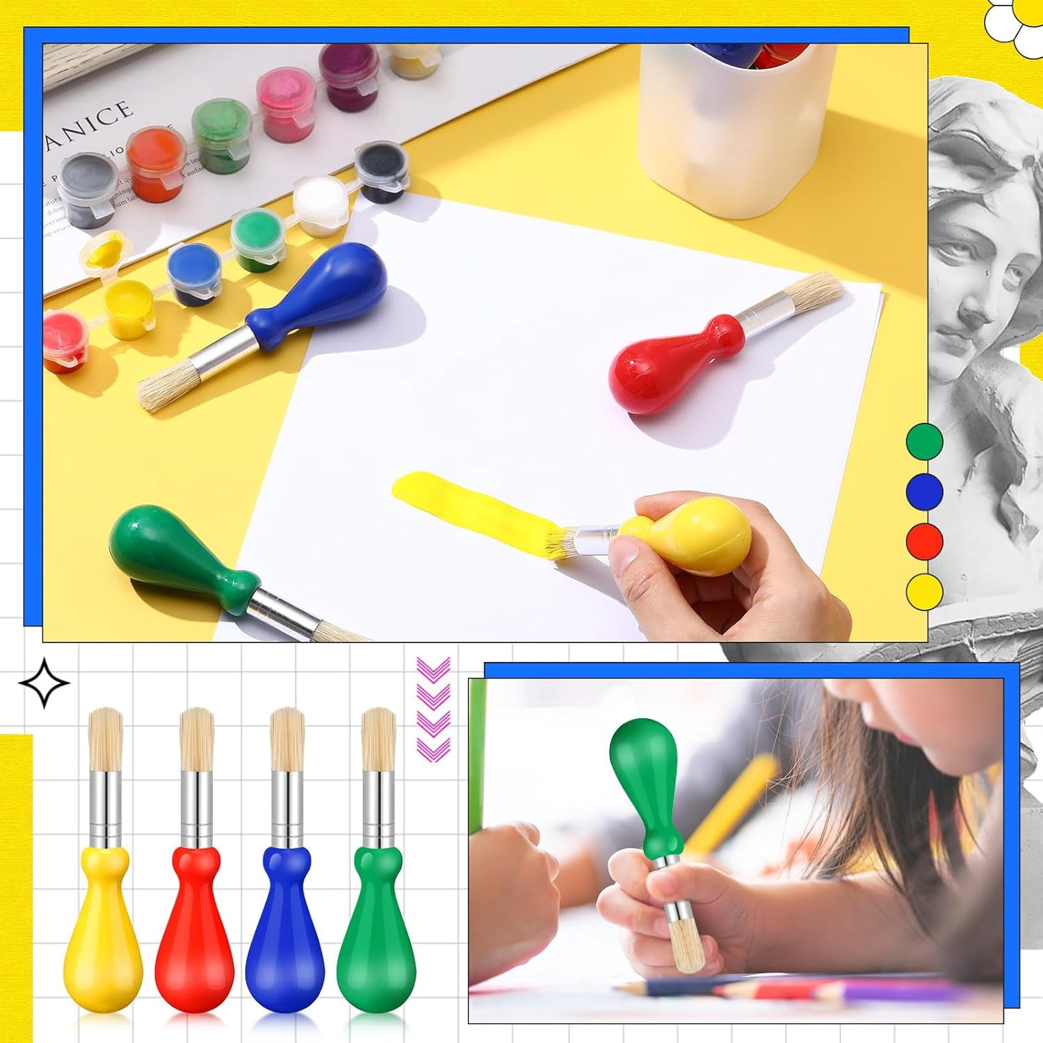 ABPETE 36 Pcs Chubby Paint Brushes for Kids Bulk Toddler Paint Brushes with Colorful Handle Washable Easy Grip Clean Vegan Bristles for Baby Preschool Watercolor Painting Art Supplies Craft Projects
