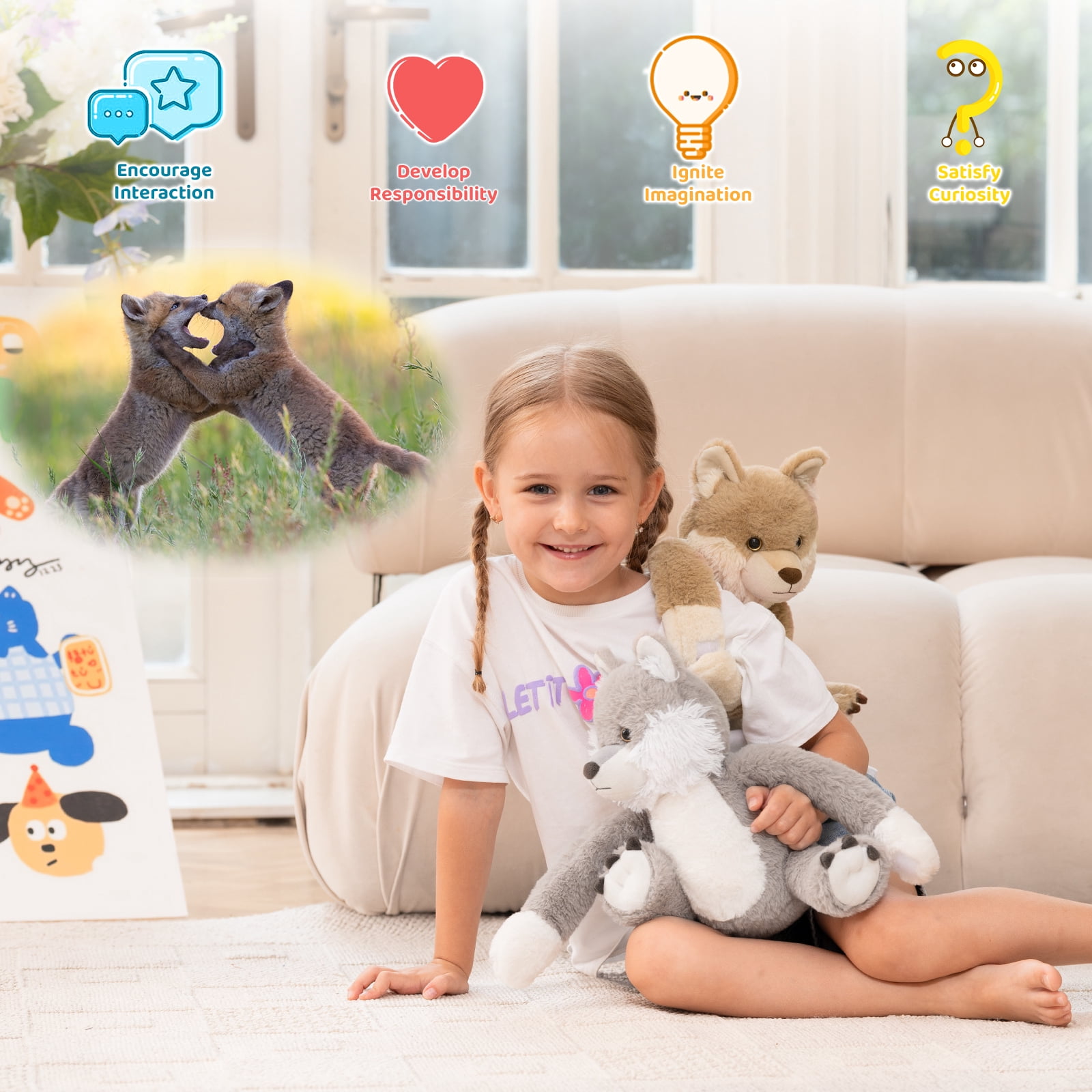MorisMos Heatable & Coolable Wolf Stuffed Animals Set,Weighted Microwavable/Freezable Cuddly Stuffed Wolf Pair,Long-Arms Hugging Wolf Plush Toys