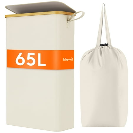 Lifewit 65L Slim Laundry Hamper with Lid, Narrow Laundry Basket with Removable Bag & Bamboo Handles, Fodable Thin Dirty Clothes Hamper for Laundry Collapsible Bin for Bathroom Bedroom Dorm, White