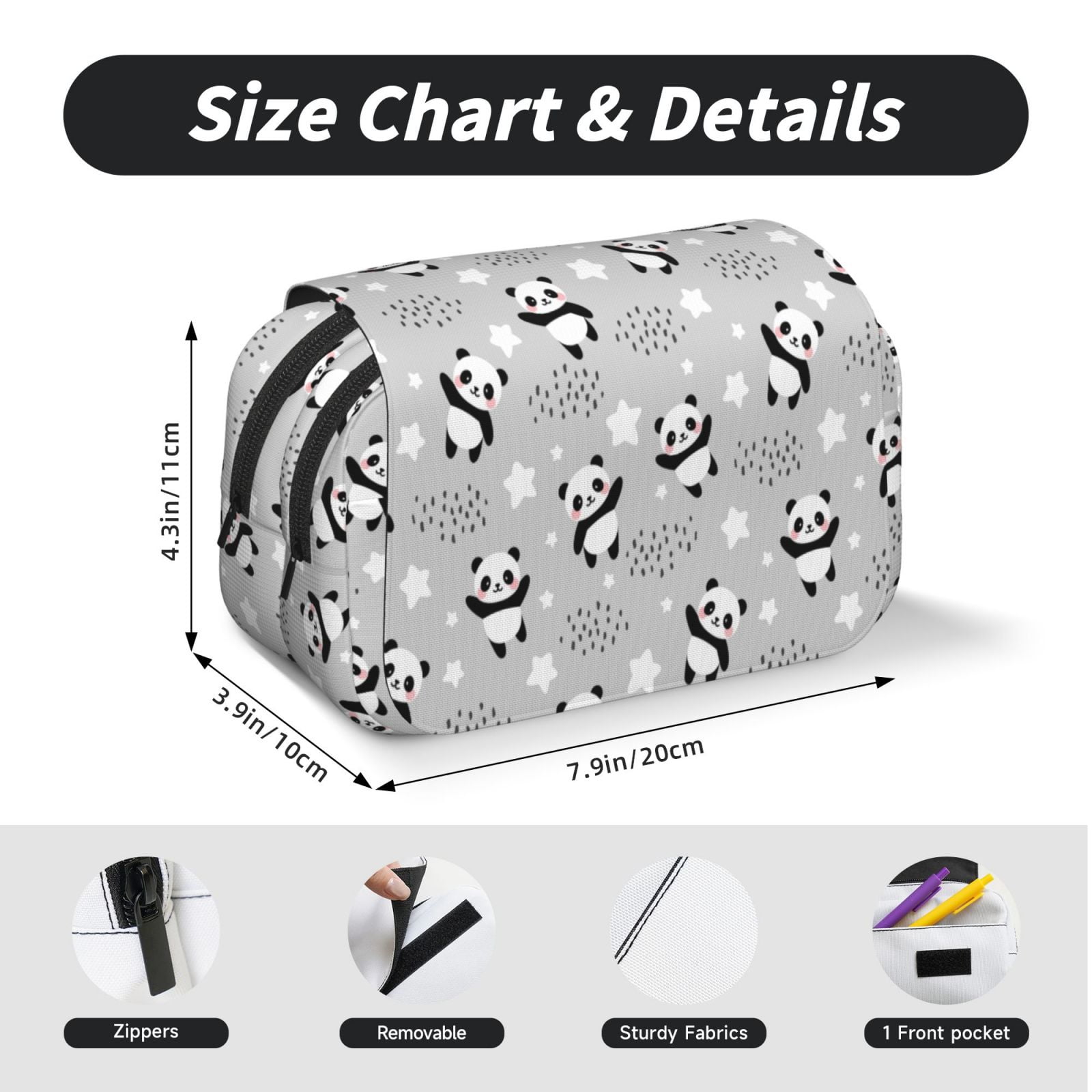Rateoe Pandas Between Clouds and Stars Pattern Double Clamshell Pen Case, Storage Organizer with Two Zipper Compartments– Holds Up to 50 Pencils & Pens