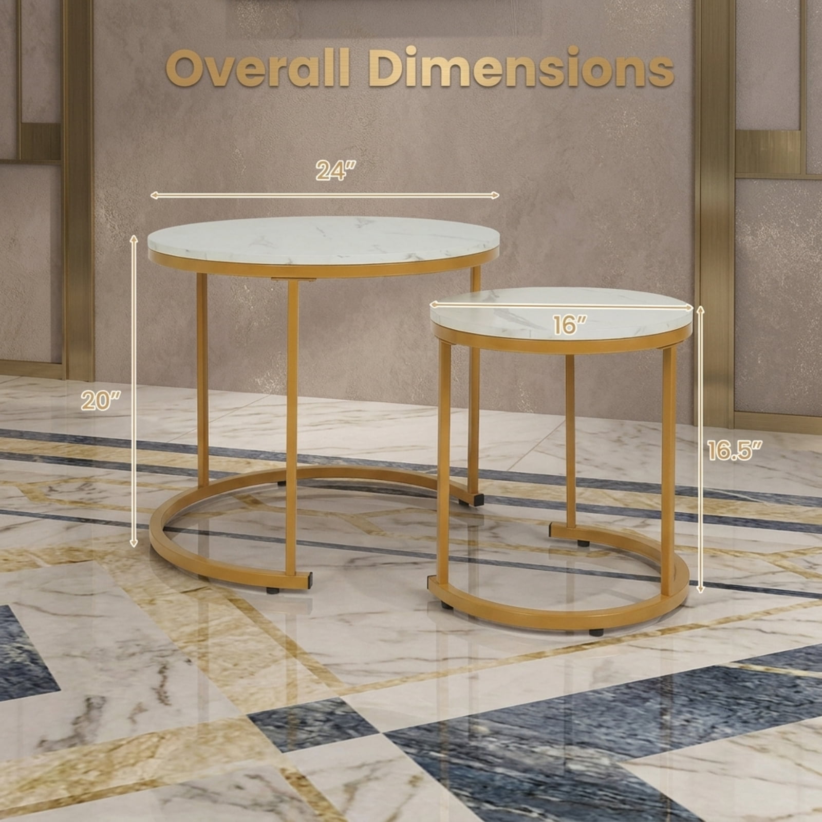 Furnibear Set of 2 Modern Round Stacking Nesting Coffee Tables with Powder Coated Steel Frame for Living Room and Bedroom, Gold
