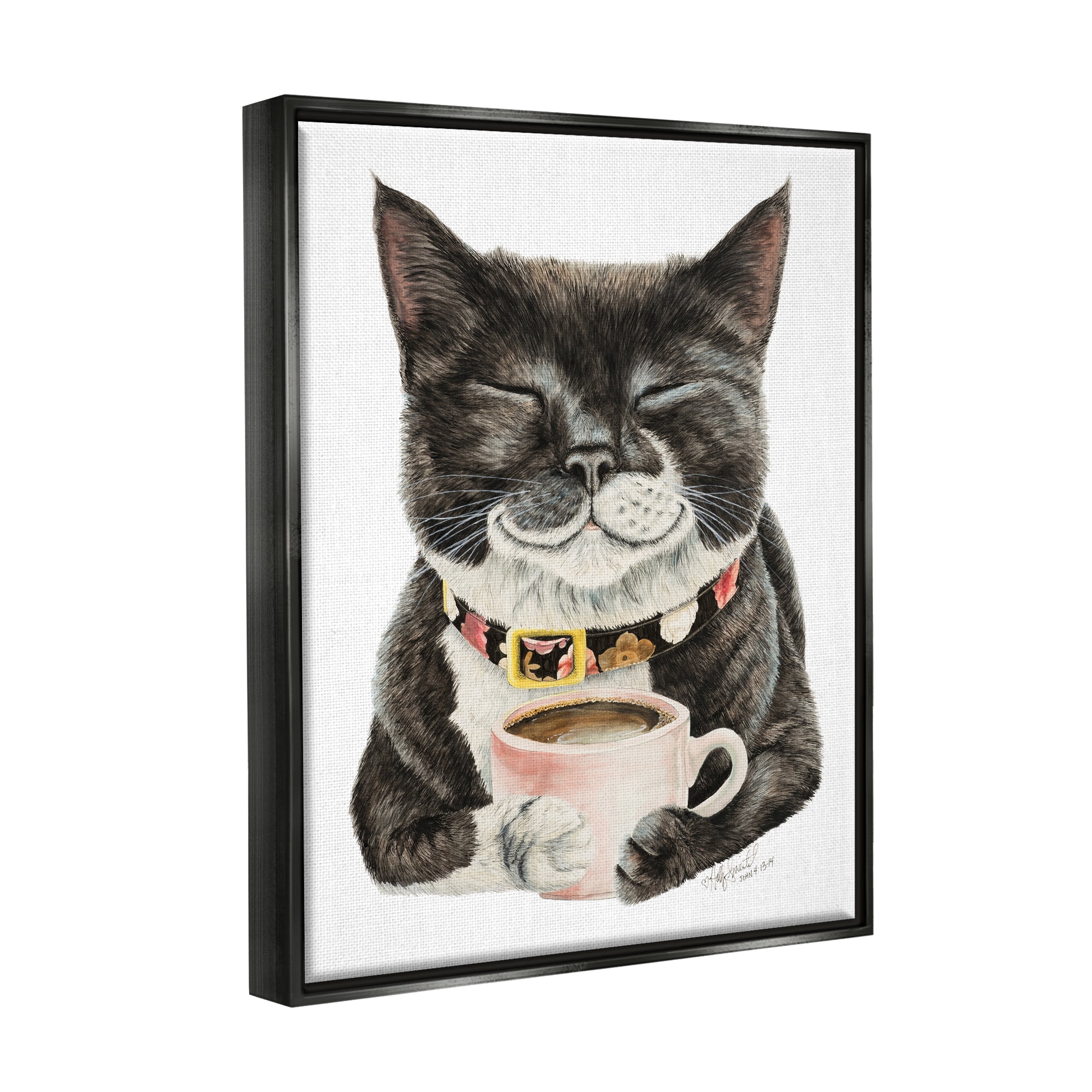 Stupell Industries Smiling Cat & Coffee Mug Animals & Insects Painting Black Floater Framed Art Print Wall Art, 17 x 21