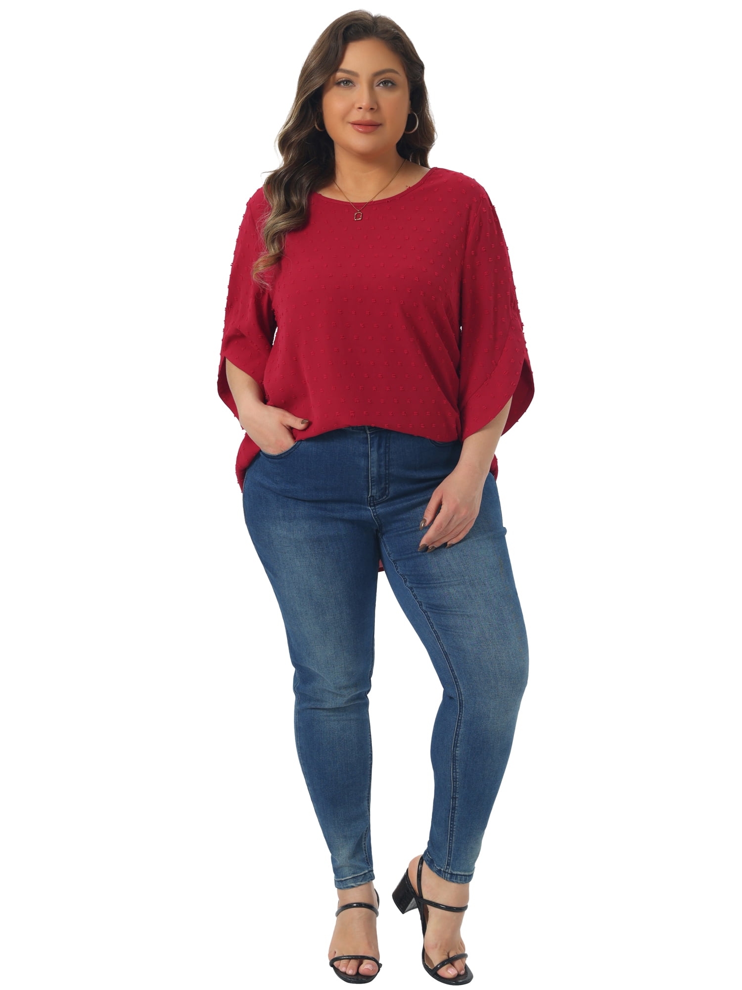DARING DIVA Women's Plus Petal Sleeve Swiss Dots Blouse T-Shirt Tops 1X Burgundy