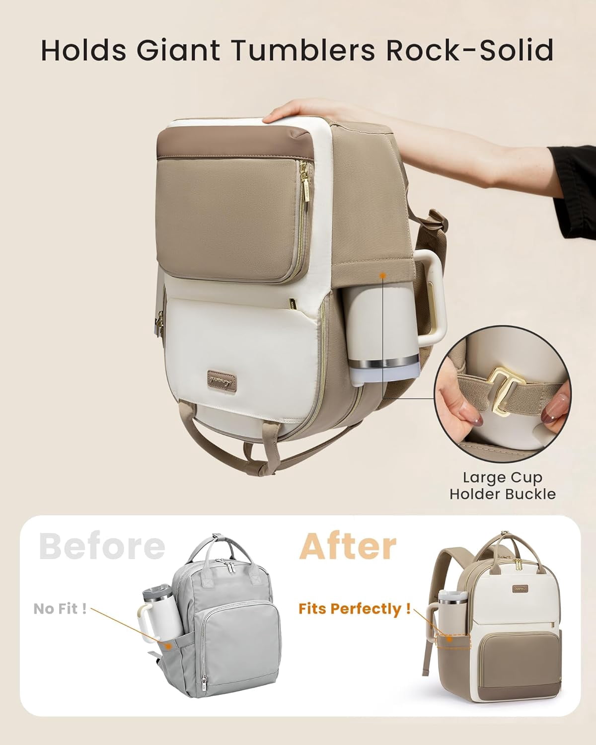 LOVEVOOK Laptop Backpack for Women with Giant Tumbler Holder Pocket, 15.6 inch Travel Work Backpack Purse for Teacher Nurse, Waterproof College Book Bag Cute Casual Daypack, Beige-Black-Brown