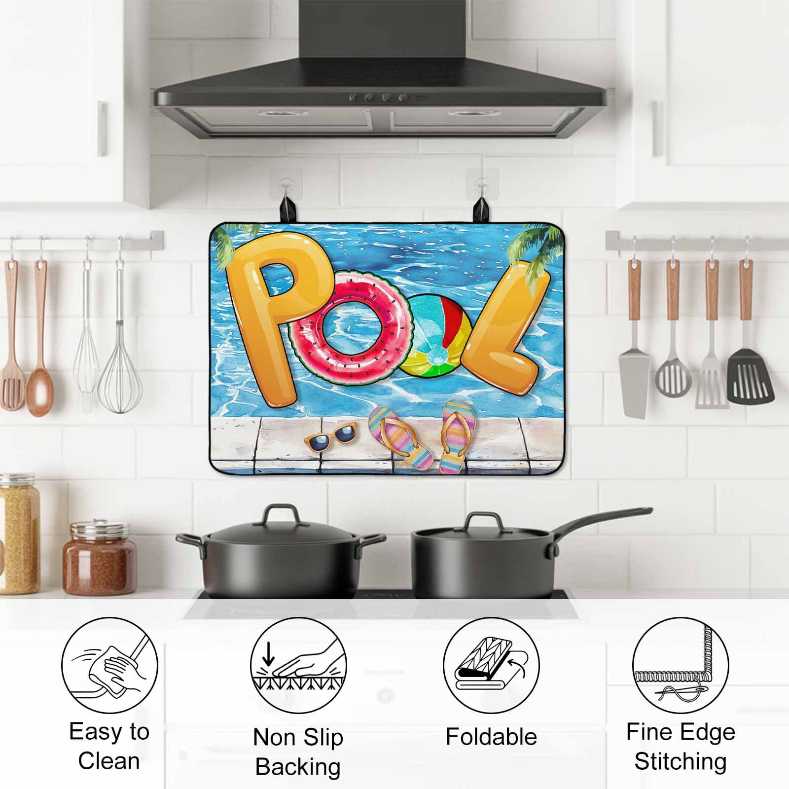 Blue Summer Pool Stove Top Cover for Electric Stove, Heat-proof & Non Slip Glass Top Stove Cover Protector, Watermelon Swimming Ring Slippers Kitchen Flat Cooktop Rubber Mat 24x21 Inches