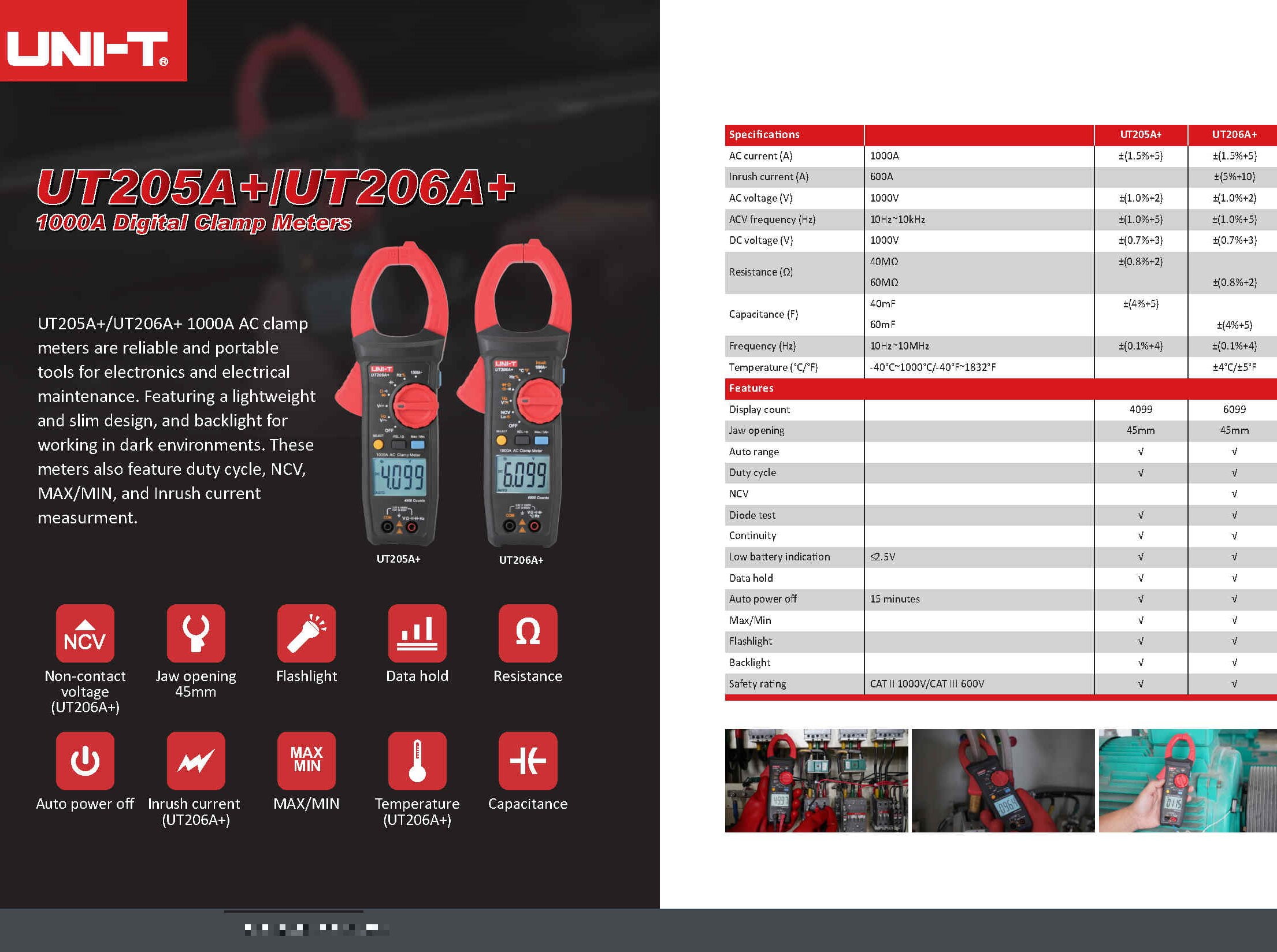 UNI-T Uni-trend Multimeter clamp meter UT205A+ clamp meter Clamp current meter Ammeter 1000V Voltmeter Voltage Frequency Professional Electrical Integrated Meter(UT205A+)