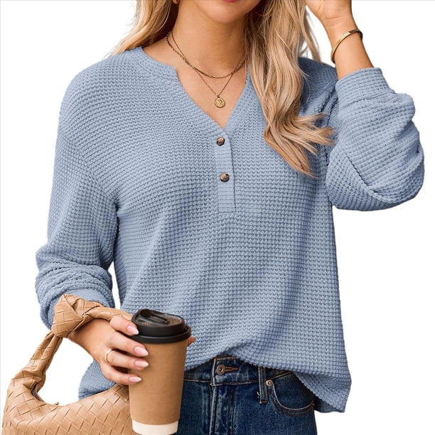 Blusas Tipo Suéter de Larga Informales con Cuello en V y Cuello de Gofre para Mujer Azul M