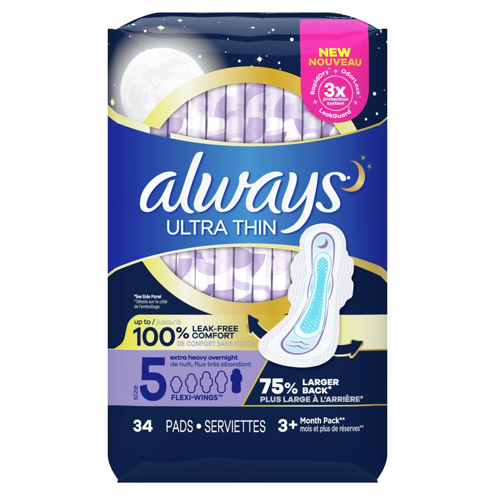 Always Ultra Thin Extra Heavy Overnight Pads with Wings, Unscented