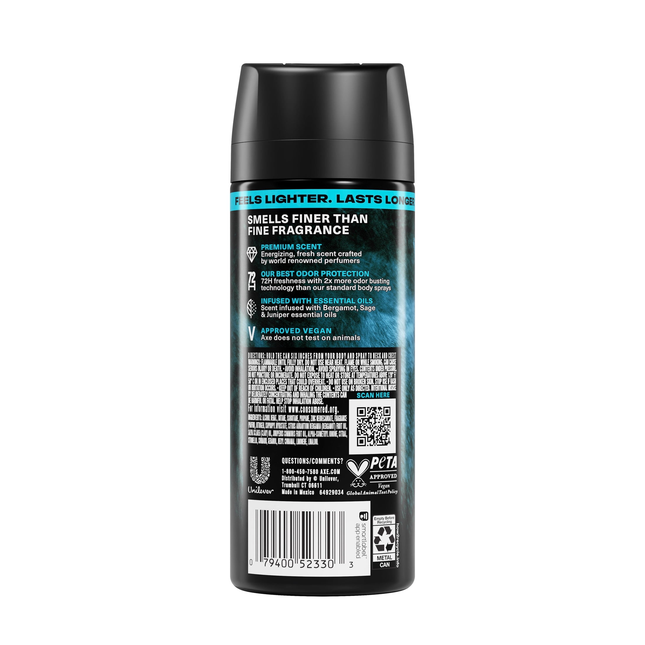 AXE Fine Fragrance Collection Body Spray 72 Hour Freshness Aqua Bergamot Aluminum Free, 2.9 oz