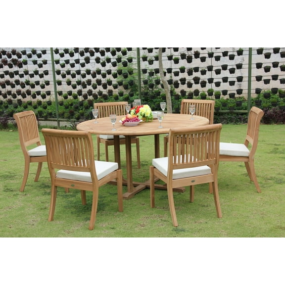 Teak Dining Set: 6 Seater 7 Pc: 60" Round Dining Table And 6 Arbor Stacking Armless Chairs Outdoor Patio Grade-A Teak Wood WholesaleTeak #WMDSAB56