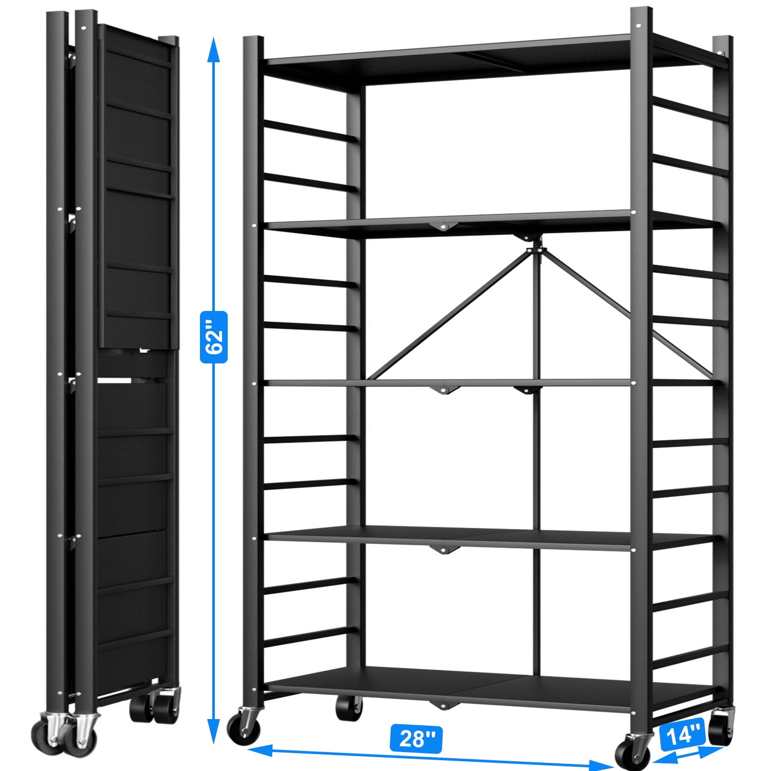 5-Tier Storage Shelf Rack, Heavy Duty Metal Shelf , Foldable Storage Shelving Unit with Wheels, Garage Shelf, Metal Storage Rack, Kitchen Shelf
