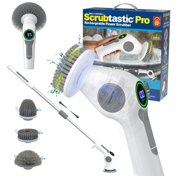 Bell   Howell Scrubtastic Pro Electric Spin Scrubber, Electric Shower Scrubber, Rechargeable, Multipurpose Extendable Tile Cleaner, Floor & Grout Bathtub Power Scrubber with 3 Rotating Brush Heads