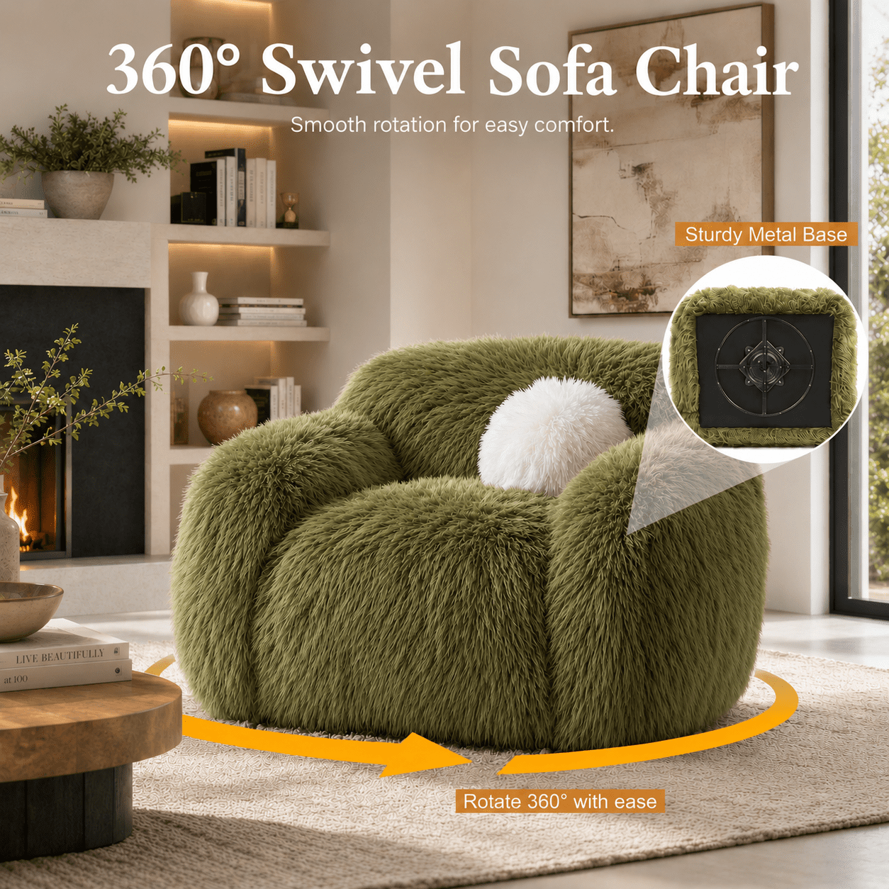 Aenkyo Oversized 360 Degree Swivel Accent Chair, Plush Faux Fur Barrel Sofa Chair, 25" Deep Seat, Green