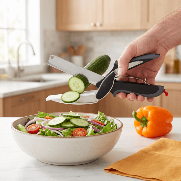 2 in 1 Kitchen Scissors for Food – Stainless Steel Blade & Plastic Cutting Board Scissors with Safety Lock | 9.6" Tomato Knife, Fruit & Vegetable Cutter – Easy-to-Use Kitchen Shears for Meat, Cheese