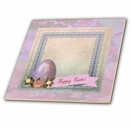 Tattoo Framed Tile 3dRose Pink Easter Egg with Roses on Lace Trimmed Frame, Yellow, Green, and Blue - Ceramic Tile, 6-inch ()