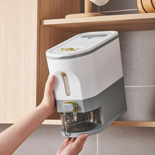 Dispensador de Arroz, Contenedor Grande para Granos con Tapa, Cilindro Medidor, Cubo Dispensador de Cereales para Cocina, Soja y Maíz.