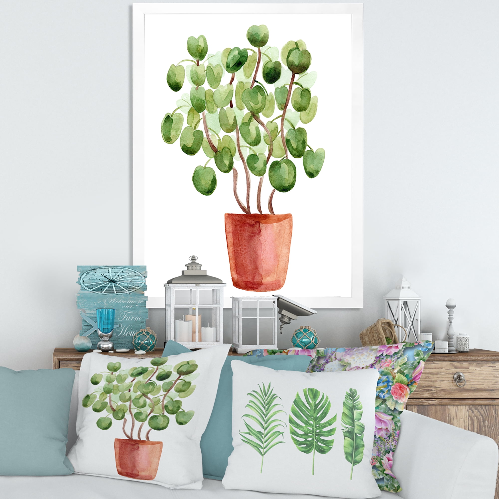 Designart 'Abstract Chinese Money Plant In Pot' Traditional Framed Art Print