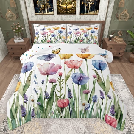 Castle Fairy Boys Girls Colorful Tulip Flowers Bedding Comforter Set 2pcs Spring Garden Butterflies Twin Comforter Sets Microfiber Chic Floral Blossoms Breathable Bedding Set Ultra Soft Home Decor