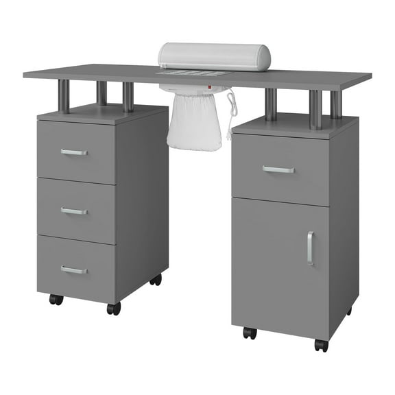 Roromall Manicure Table for Nail Tech with Dust Collector, Wrist Cushion, Nail Desk Salon Station with Storage Cabinet, 4 Drawers & and Lockable Wheels for Salon